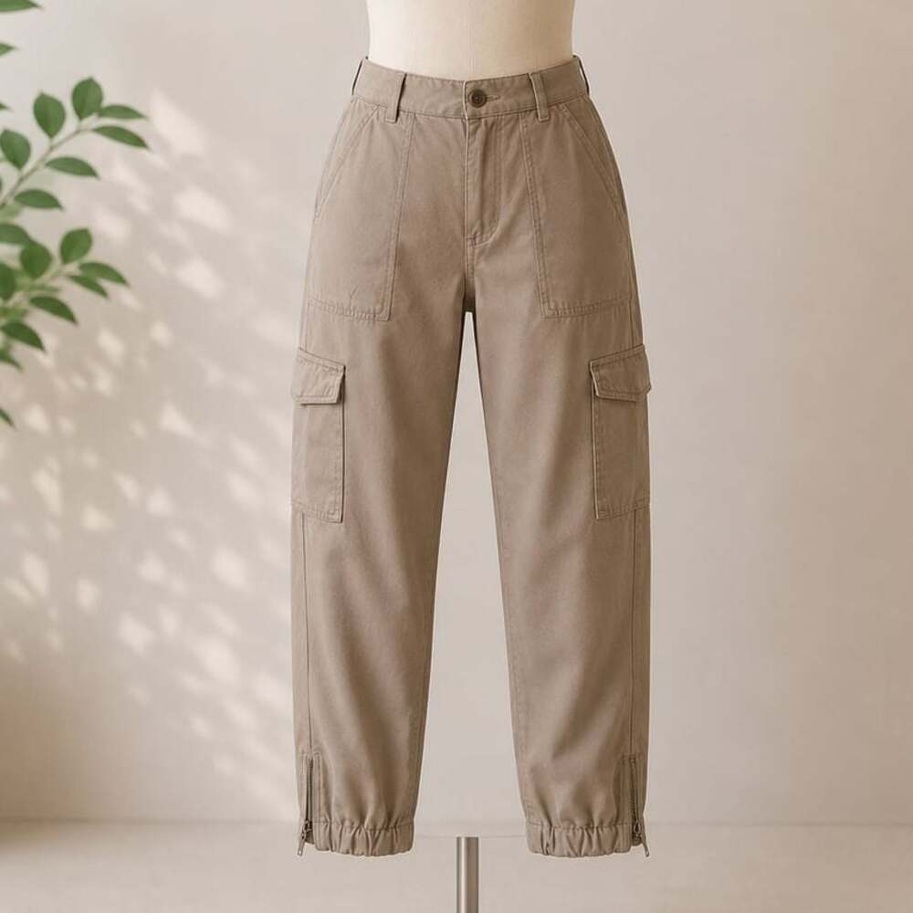 GUESS NWT Eco Tencel Cargo Jogger Pants Size 28 Taupe Beige Utility Ankle Zip